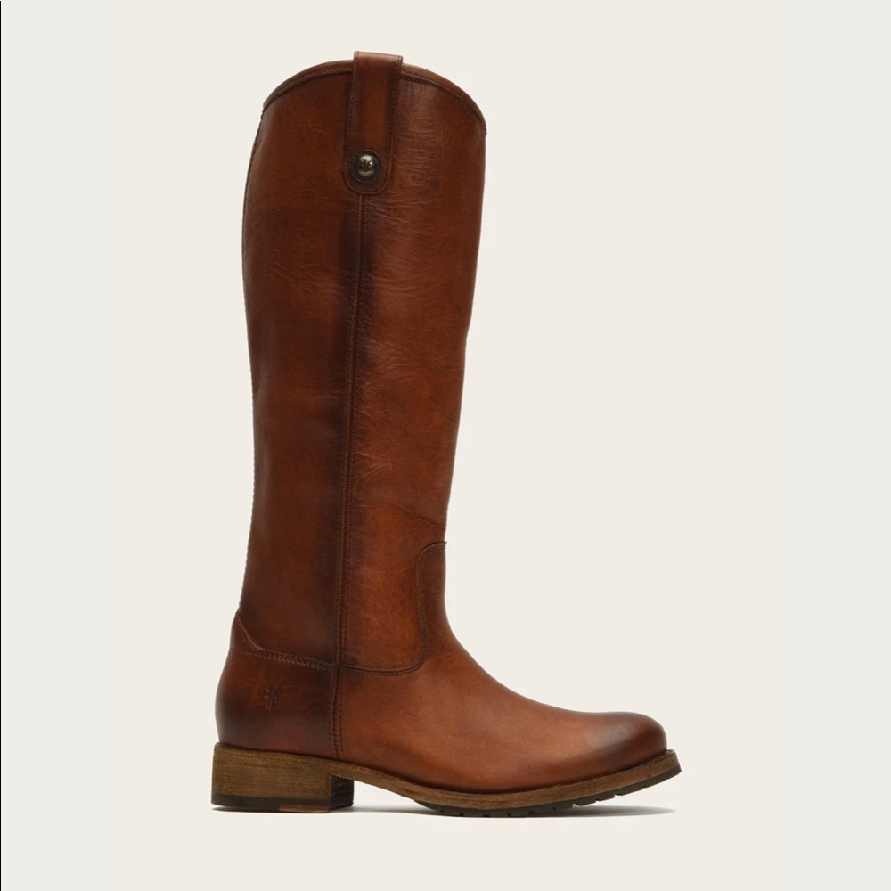 FRYE Melissa Button Lug Tall Cognac Brown Leather